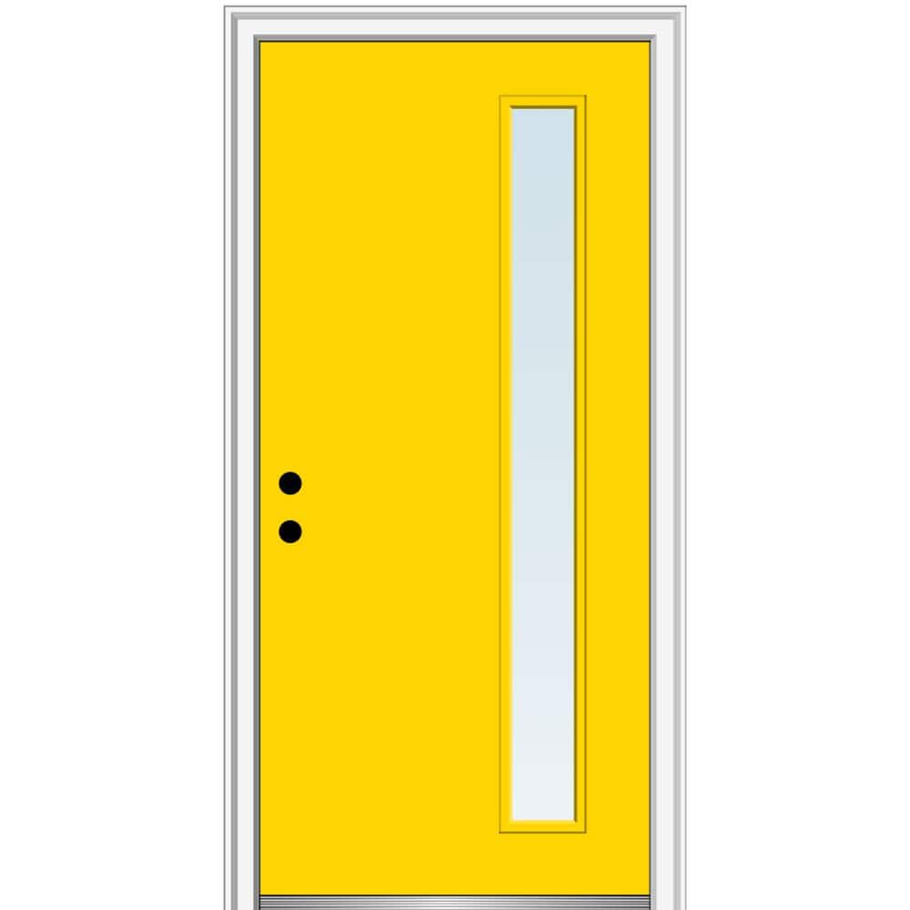 MMI Door 36 in. x 80 in. Viola Low-E Glass Right-Hand 1-Lite Clear Midcentury Painted Fiberglass Smooth Prehung Front Door, Yellow Flash