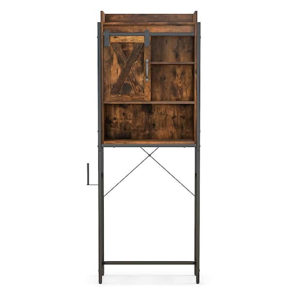 25 in. W x 67.5 in. H x 9.5 in. D Wood Rustic Brown Over-the-Toilet Storage with Adjustable Shelf and Sliding Barn Door