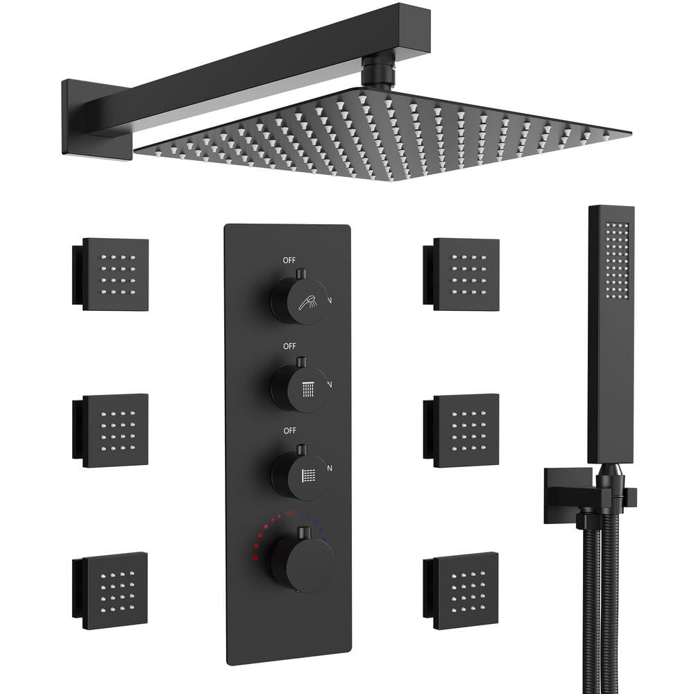 EVERSTEIN 7-Spray Patterns Thermostatic 12 in. Wall Mount Rain Dual ...