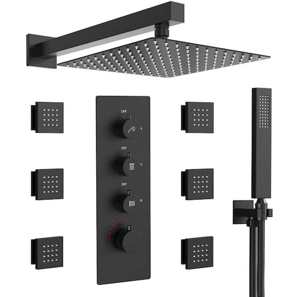 EVERSTEIN 7-Spray Patterns Thermostatic 12 in. Wall Mount Rain Dual Shower Heads with 6-Jet 2.5GPM in Matte Black (Valve Included)