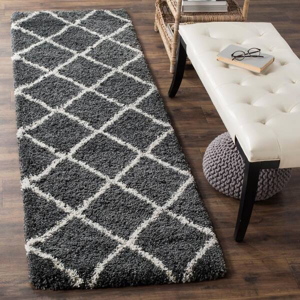 Hudson Shag Dark Gray/Ivory 2 ft. x 12 ft. Geometric Runner Rug