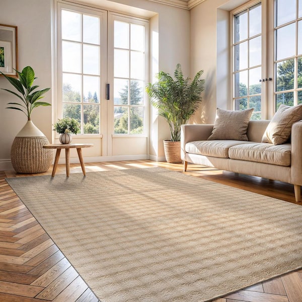 CloudSoft Beige 5 ft. x 7 ft. Non Slip Rubber Back Polyester Solid Indoor Area Rug
