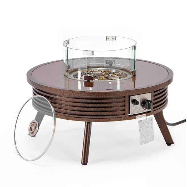 Leisuremod Walbrooke Modern Brown Patio Round Fire Pit Table with Aluminum Slats Frame