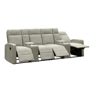 4-Seat Reclining Sofa 114 in. Wide with 2-Storage Consoles in Tan Chenille