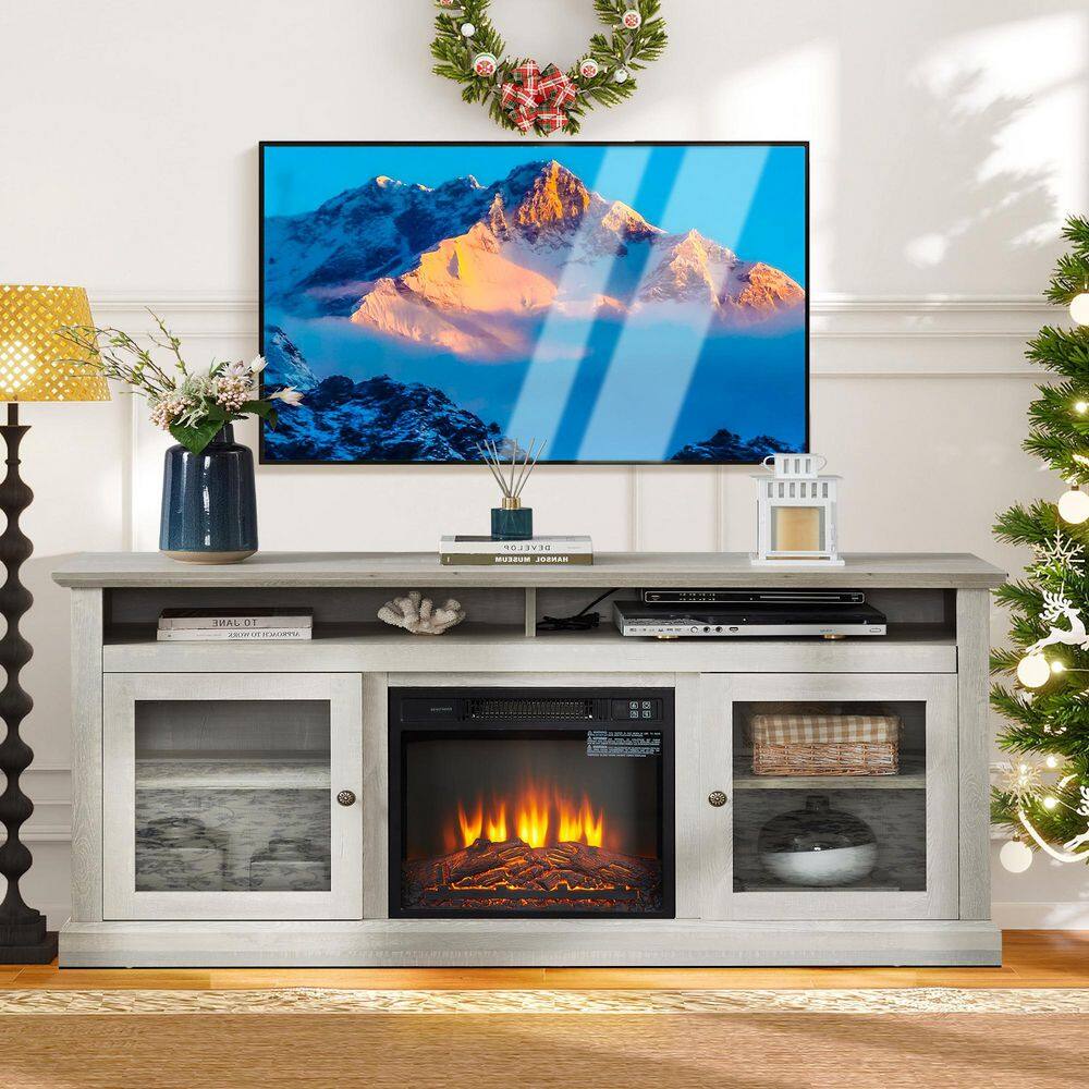 ToolCat 60 in. Freestanding TV Stand in Gray with 18 in. Fireplace