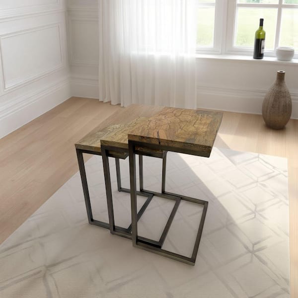 Carolina Chair & Table Electra 18 in. Wide Natural/Brass Electrified Wood Top 3-Piece Nesting End Table Set