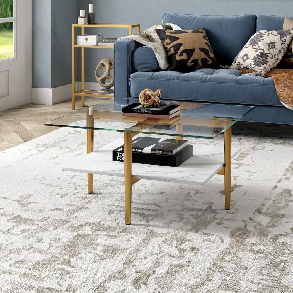 Otto Mid-Century Brass & Faux Marble Square Coffee Table