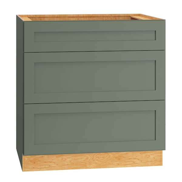 QuickShip Cottage 33 in. W x 24 in. D x 34.5 in. H Assembled Plywood Shaker 3-Drawer Base Kitchen Cabinet in Conifer