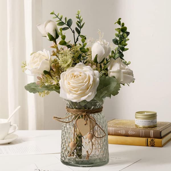 Unbranded 12 .5 in. H White Artificial Silk Roses Flowers in Vase