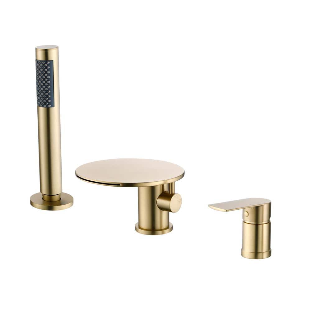 Brushed Gold Solid Brass Deck-Mounted Roman Tub Faucet with Hand Shower