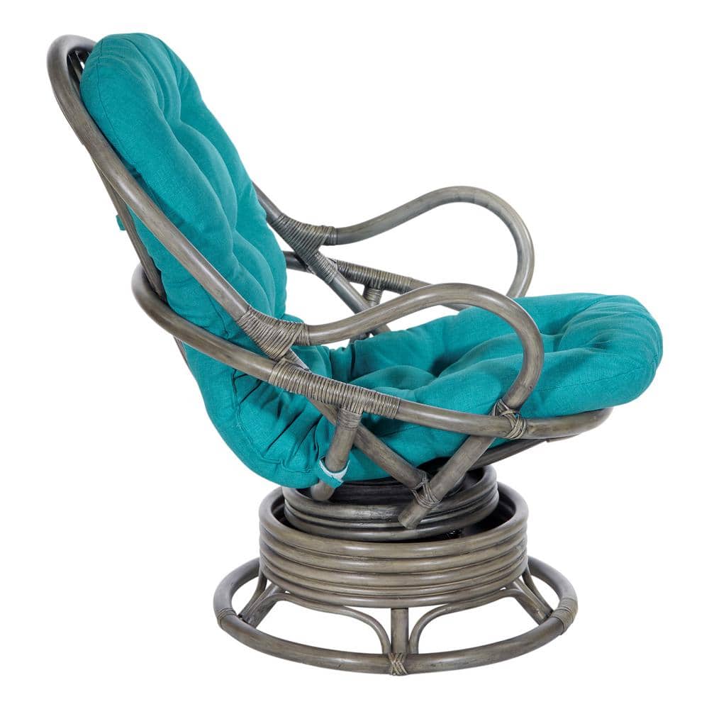 Tahiti Blue Fabric Rattan Swivel Rocker Chair with Gray Frame