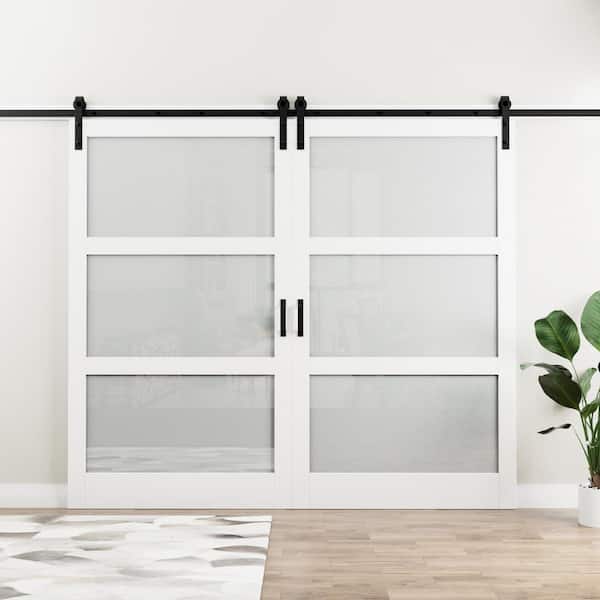 96 in. x 84 in. 3-Lite Tempered Frosted Glass White Finished Composite MDF Sliding Barn Door Slab with Hardware Kit