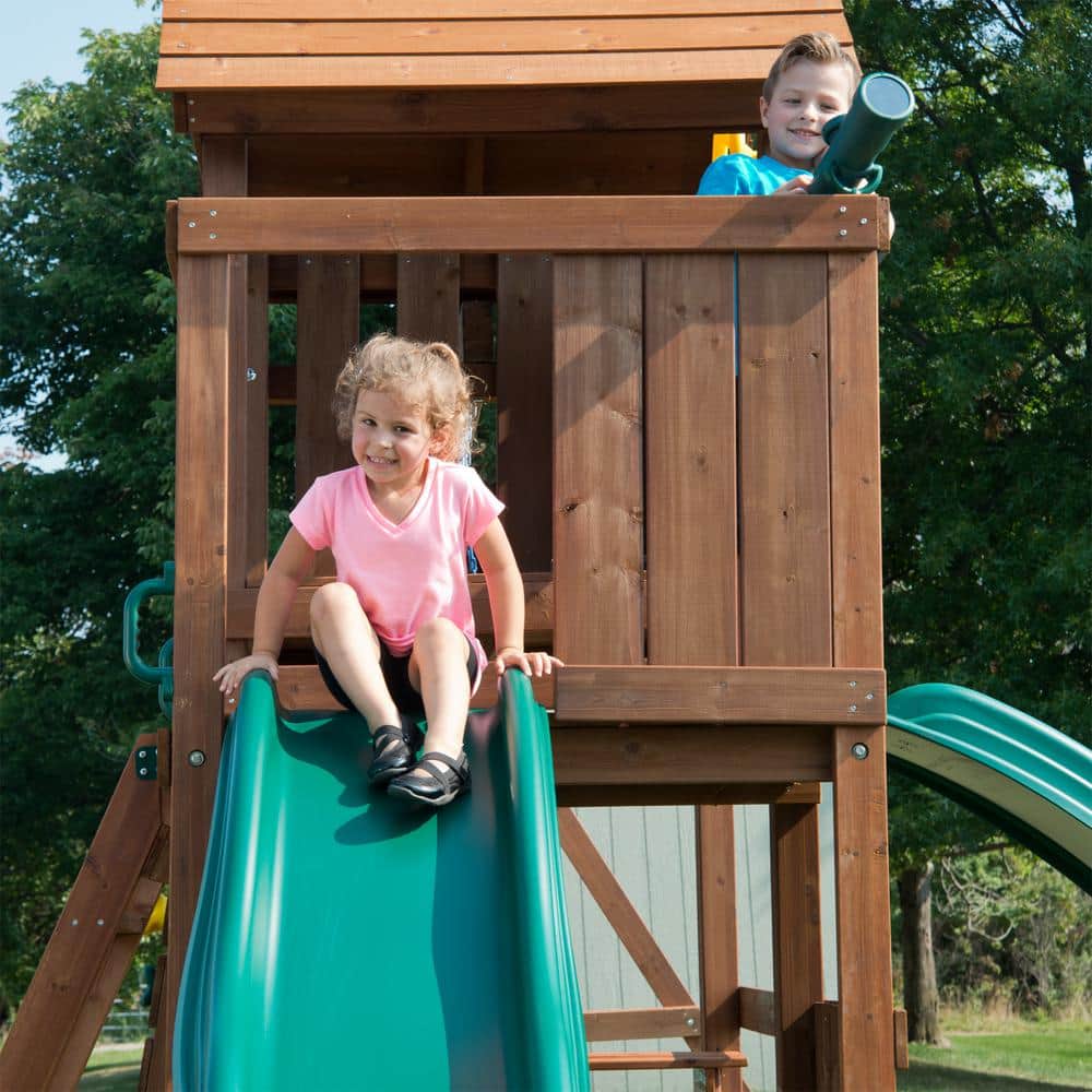 Monteagle Wooden Outdoor Swing Set with Wave Slides and Swings