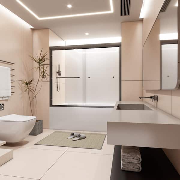 60 in. W x 58 in. H Double Sliding Semi-Frameless Tub Door in Matte Black with Tempered Clear Glass