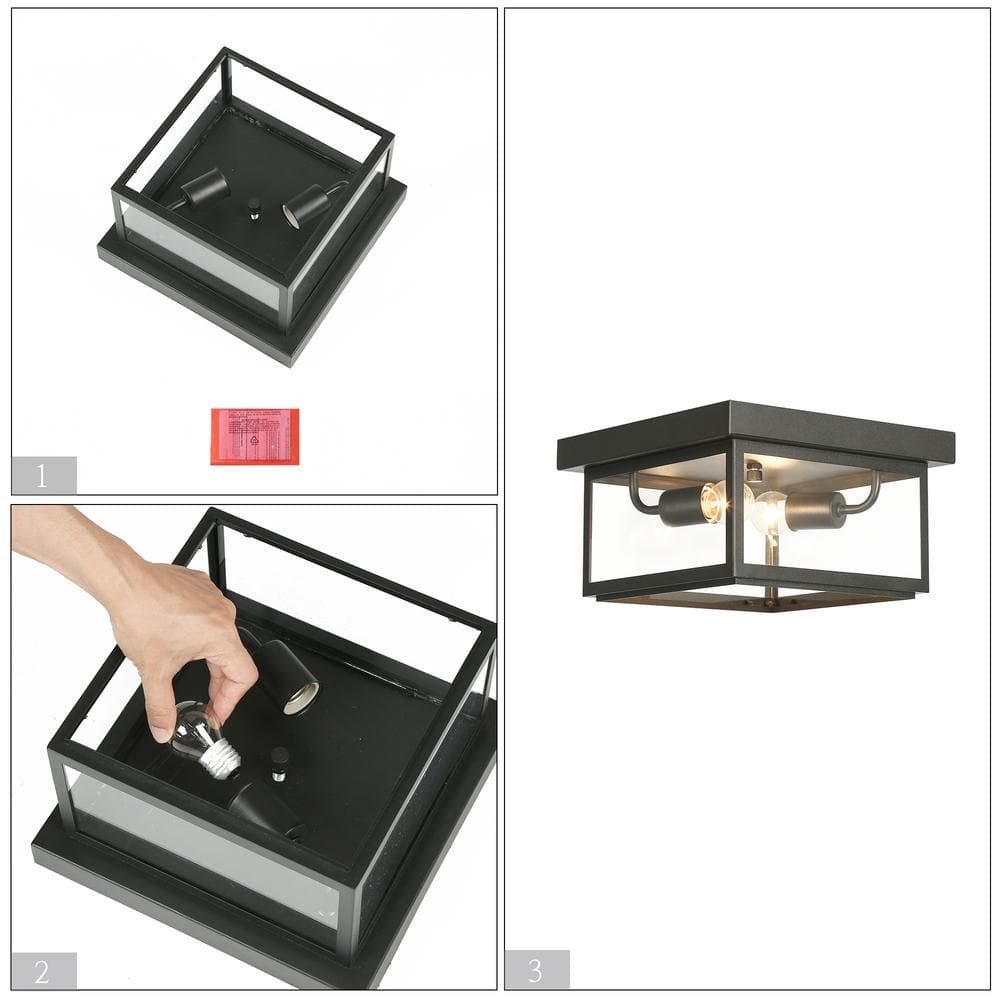 Modern Matte Black 2-Light Flush Mount with Clear Glass Shade