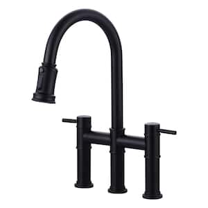 Black Double Handles Pull Down Sprayer Kitchen Faucet with Pull Out Spray in Brass