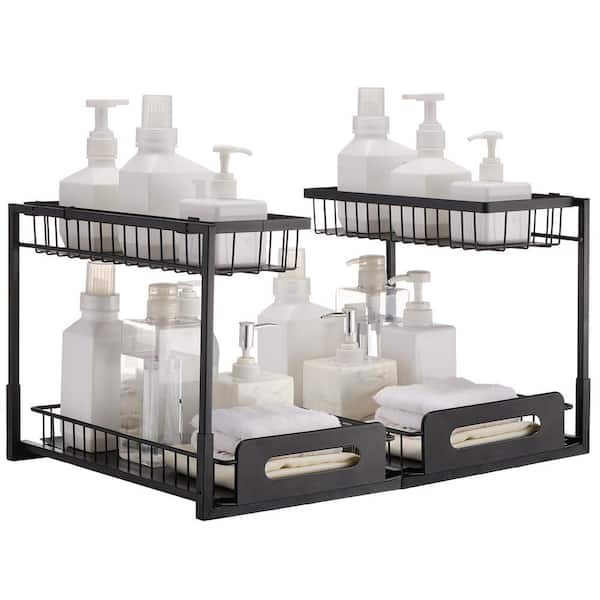 2 Tier Pull Out Cabinet Organizer(10.7 in. W x 14.2 in. D), Under Sink Organizer and Storage, Slide Out, Black (2 Pack)