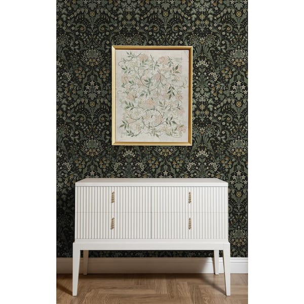 15.38 sq. ft. Ebony and Sage Filigree Floral Vinyl Peel and Stick Wallpaper Roll