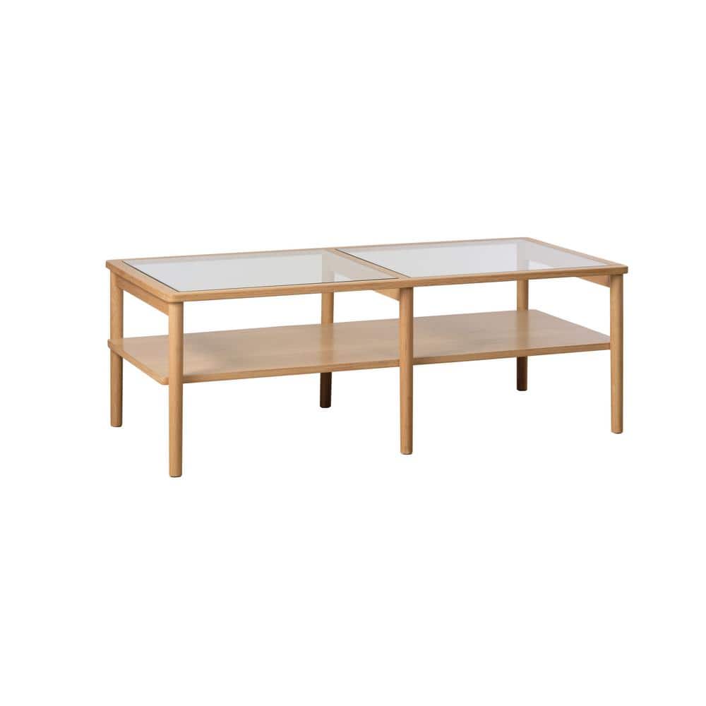 Natural Oak and Glass Rectangular Coffee Table with Shelf