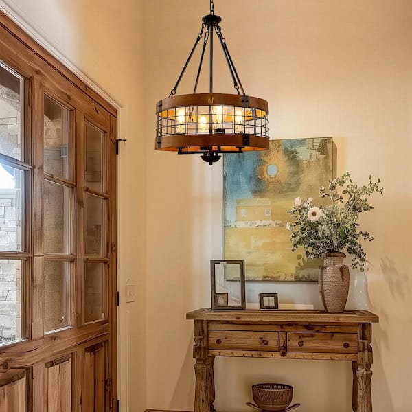 4-Light Black and Brown Metal Chandelier Adjustable Hanging Length for Bedroom with No Bulbs Included