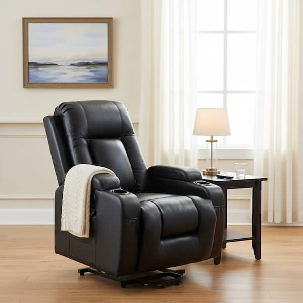 Black Power Lift Recliner Chair with 8-Point Vibration Massage and Lumbar Heating, USB Charging Port, Cup Holders