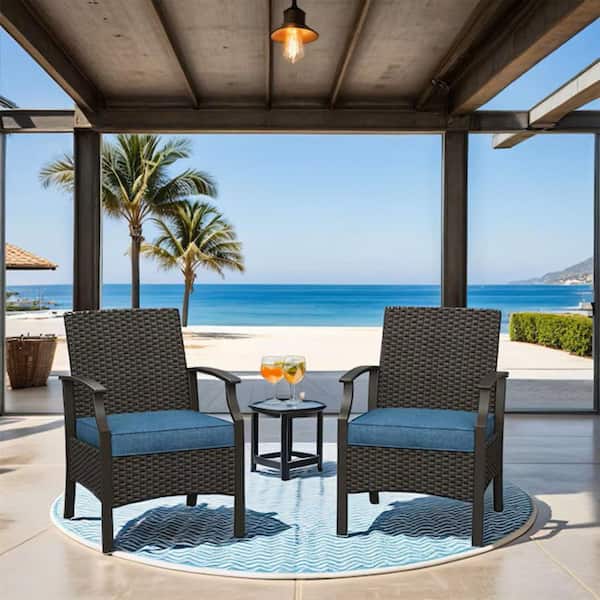 Black Wicker Outdoor Lounge Chair Patio Dining Chair with Blue Cushion (2-Pack)