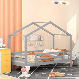 Gray Twin Over Twin Bunk Bed with Roof, Slide and Ladder