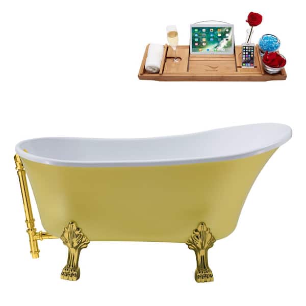 Streamline 55 in. Acrylic Clawfoot Non-Whirlpool Bathtub in Matte Yellow With Brushed Gold Clawfeet And Polished Gold Drain