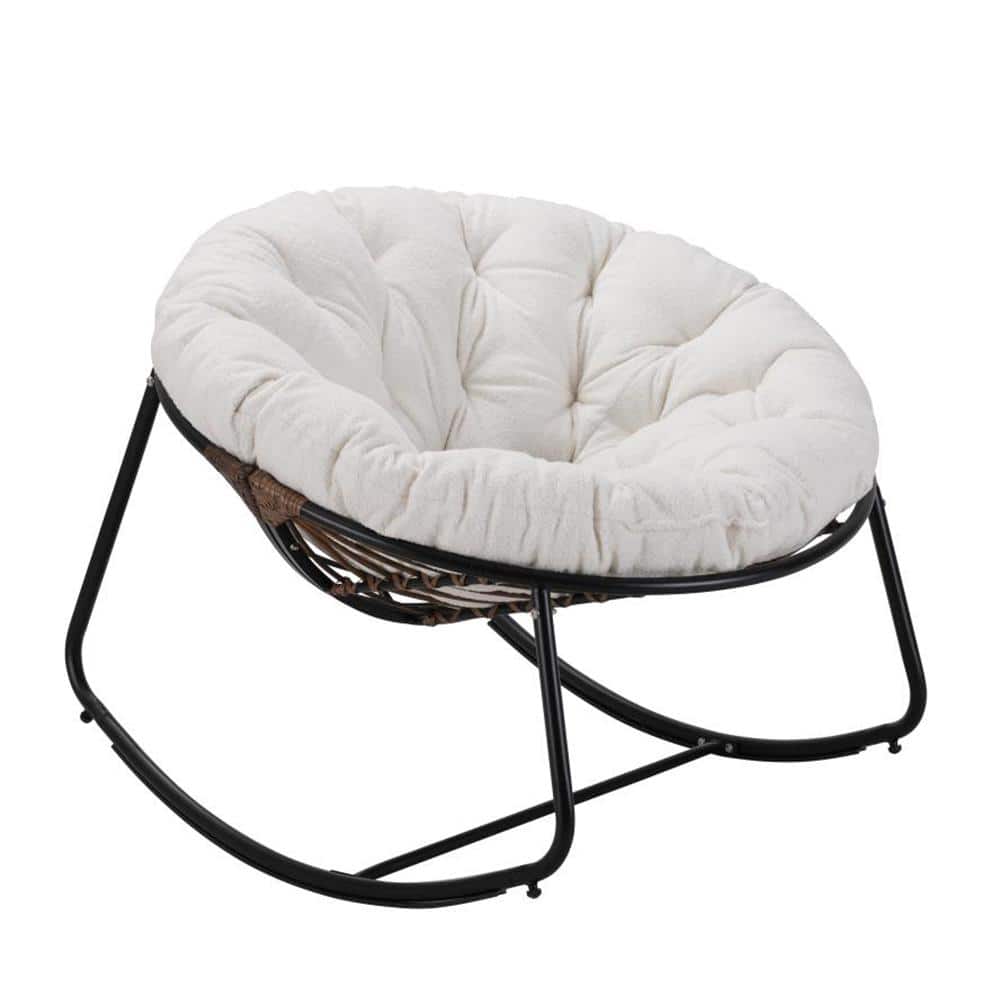 Dark Gray Wicker Outdoor Rocking Chair with White Cushions, Lounge Egg Chai