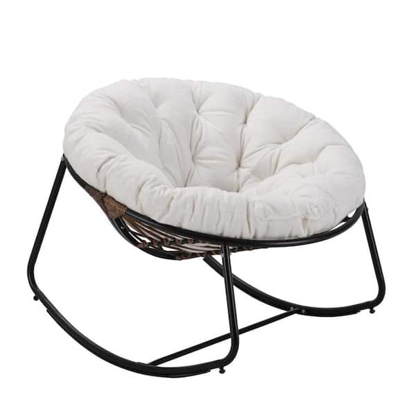 Unbranded Dark Gray Wicker Outdoor Rocking Chair with White Cushions, Lounge Egg Chair for Indoor, Porch, Backyard and Balcony