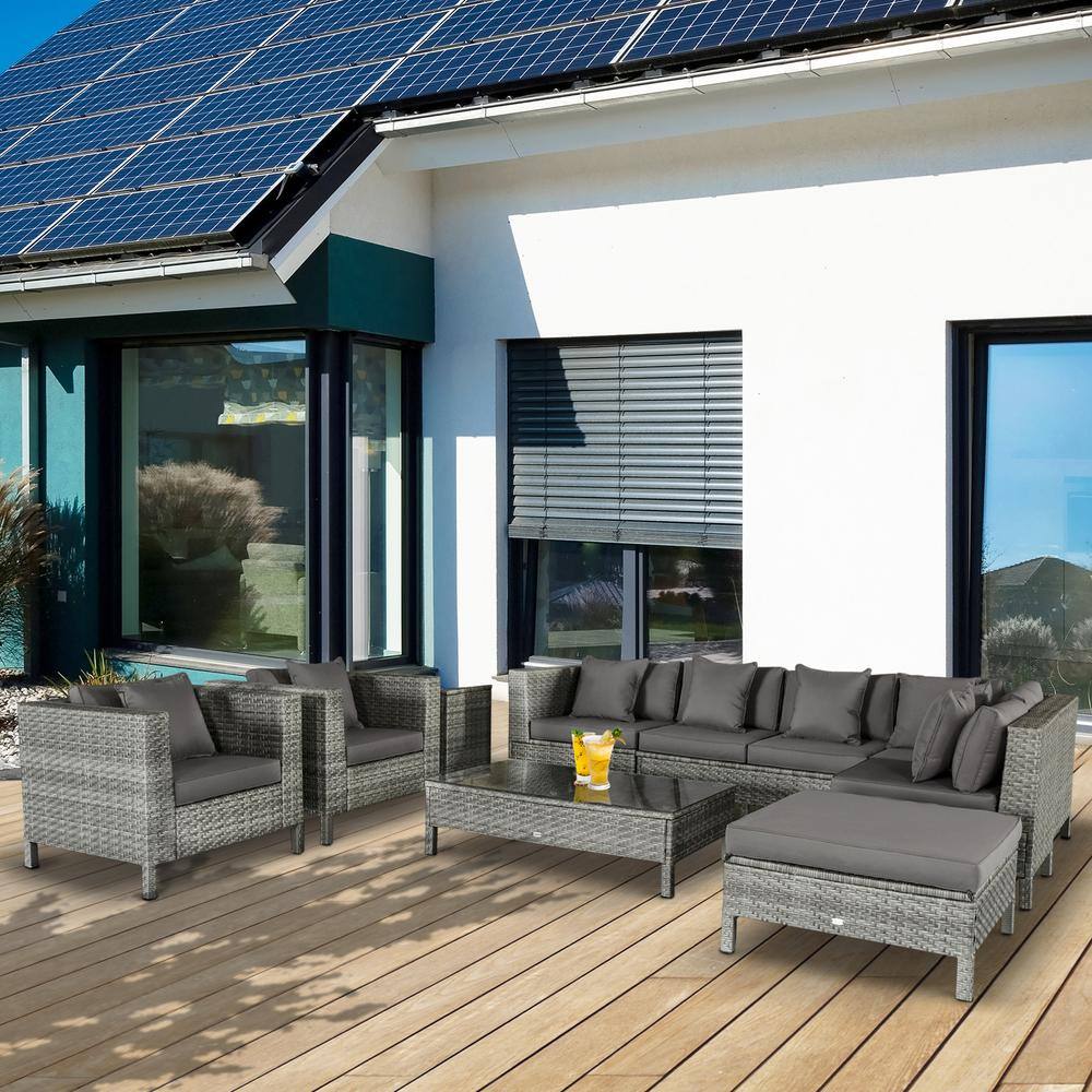 Gray 7-Person PE Rattan Outdoor Sectional Sofa Set with Cushions
