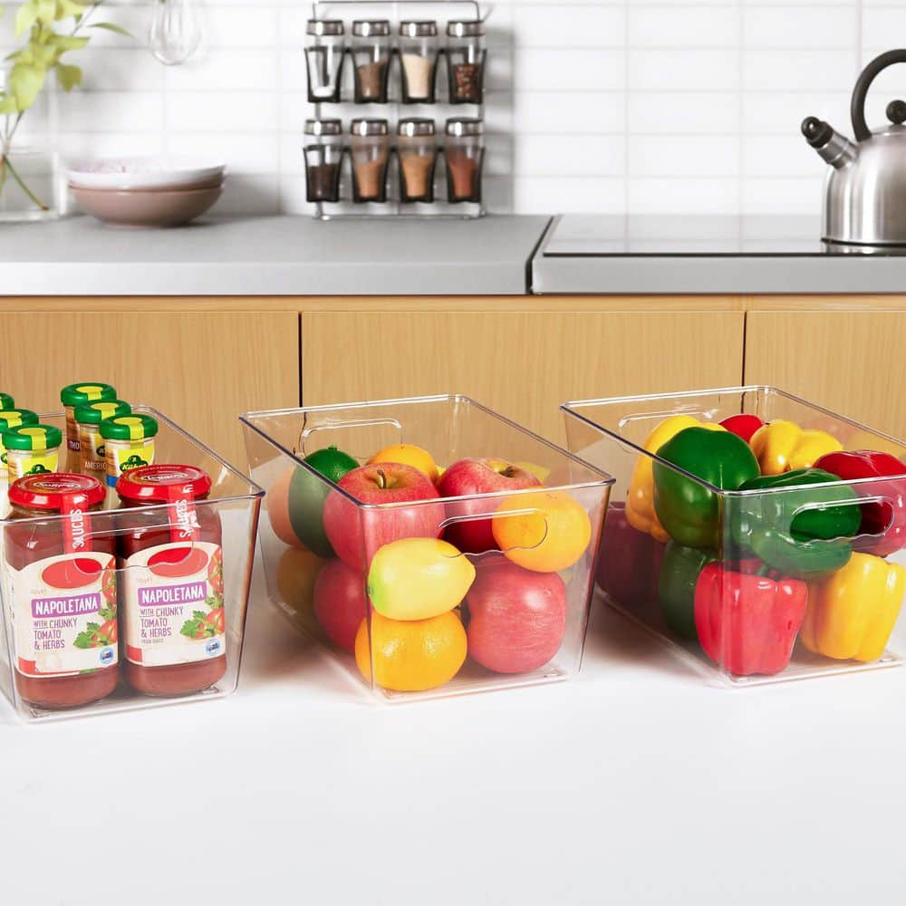 Plastic Pantry Organizer Bins Container for Kitchen Freezer, Cabinet, Closet, Bathroom Under Sink Storage, Clear(6-Pack)