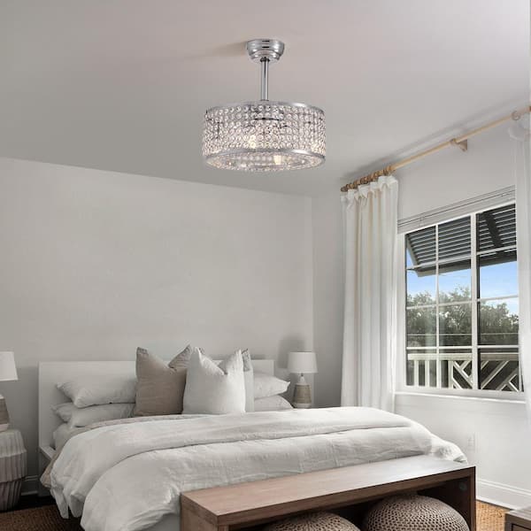 18 in. Indoor Modern Chrome Caged Ceiling Fan with Lights and Remote Small Enclosed Ceiling Fan with Clear Crystal