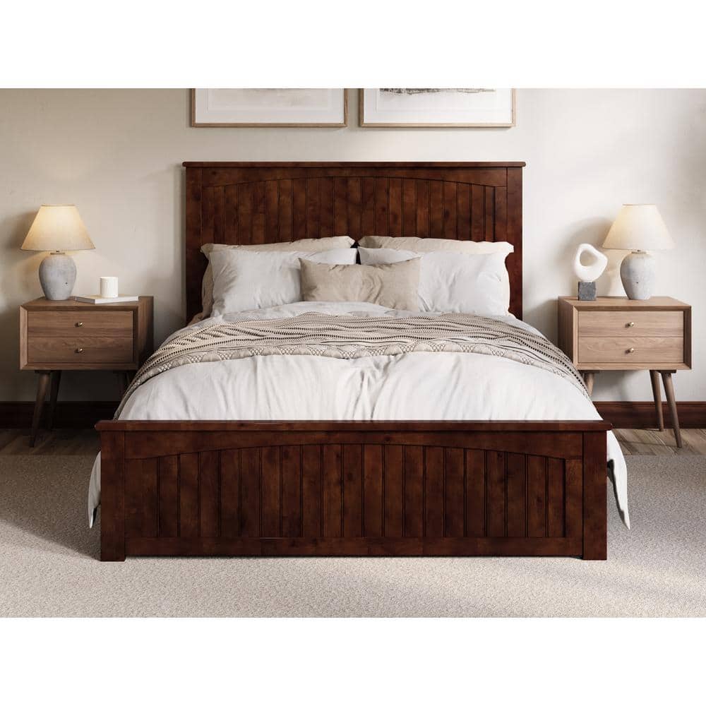 Walnut Queen Solid Wood Low Profile Platform Bed with Headboard and Footboard