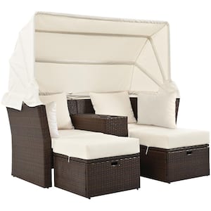 3-Piece Brown Wicker Outdoor Day Bed with Beige Cushions and Retractable Sunshade Canopy and Convenient Cup Holders