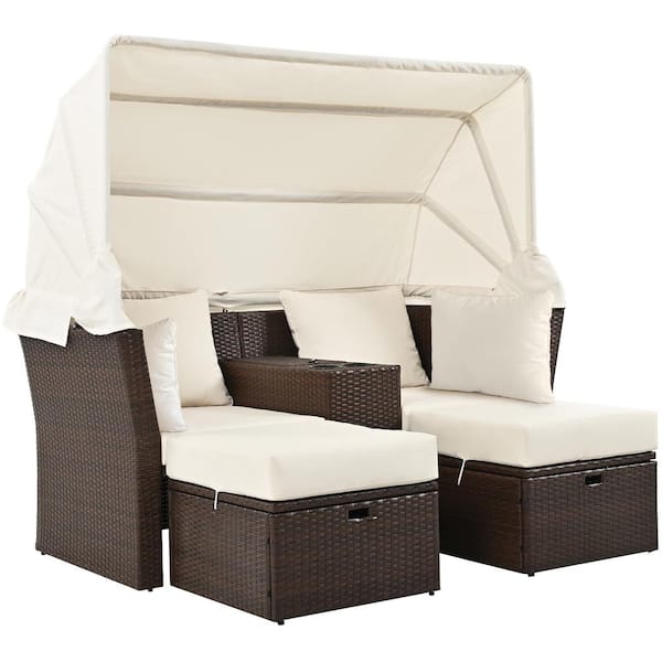 Boosicavelly 3-Piece Brown Wicker Outdoor Day Bed with Beige Cushions and Retractable Sunshade Canopy and Convenient Cup Holders