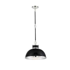 Corning 16 in. W x 11 in. H 1-Light Matte Black with Polished Nickel Accents Shaded Pendant Light with Metal Dome Shade