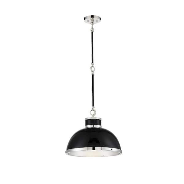 Savoy House Corning 16 in. W x 11 in. H 1-Light Matte Black with Polished Nickel Accents Shaded Pendant Light with Metal Dome Shade