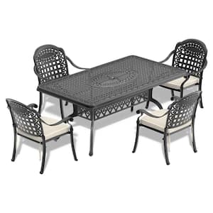 Isabella Black 5-Piece Cast Aluminum Outdoor Dining Set with Rectangle Table and Dining Chairs and Random Color Cushion
