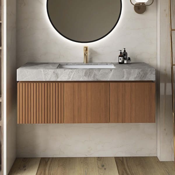 Yingze 48 in. Wall-Mounted Single Sink Brown Oak Bath Vanity with