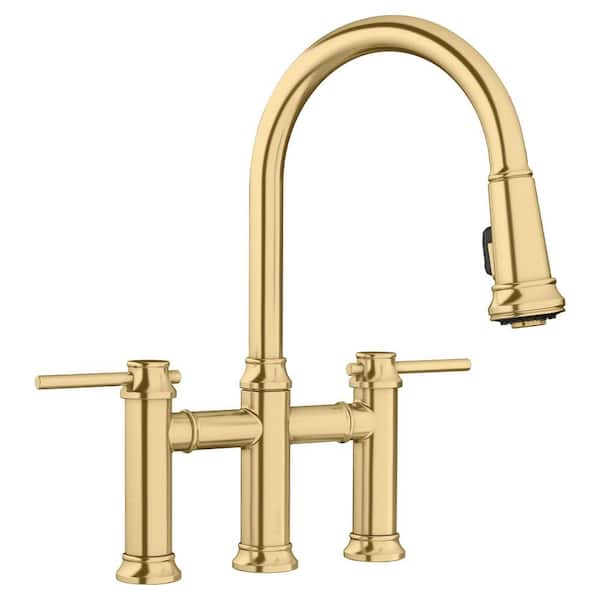 Empressa 2 Handle Gooseneck Bridge Kitchen Faucet with Pull-Down Sprayer in Satin Gold