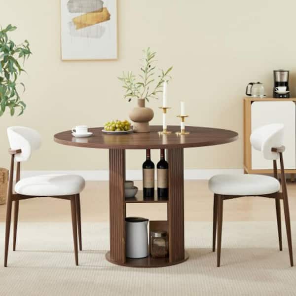 Oxy 3-Piece Round Walnut Wood Top Dining Table Set with 2 Upholstered Chairs and Double-Tiered Storage Shelf (Seats 2)