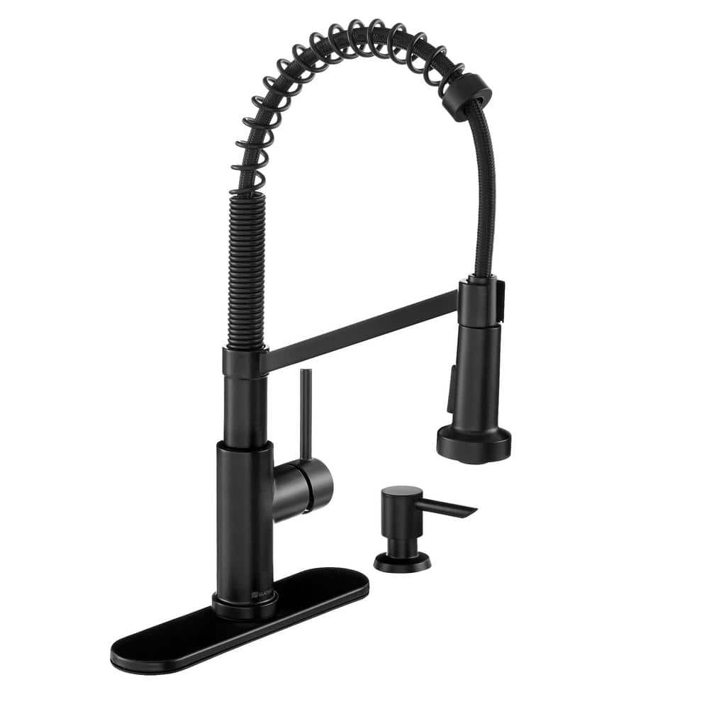 Gage Single-Handle Spring Neck Pull-Down Sprayer Kitchen Faucet with Soap Dispenser in Matte Black
