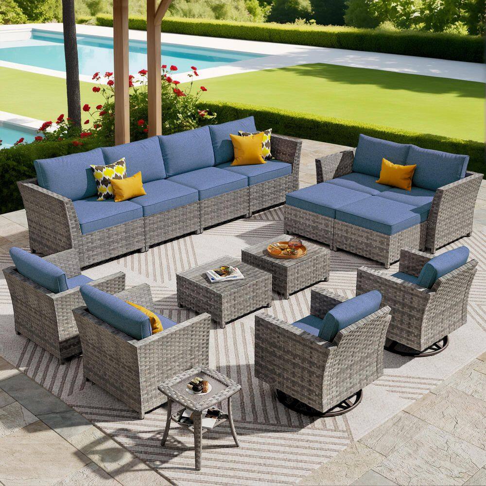 Carnation 15-Pieces Wicker Patio Conversation Sectional Sofa Set with Denim Blue Cushions and Swivel Rocking Chairs price history on PriceWatchPro