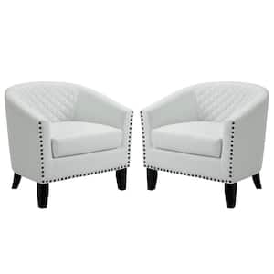 Mid-Century White Solid Wood Legs PU leather Upholstered Accent Barrel Chair with Nail Head Trim (Set of 2)