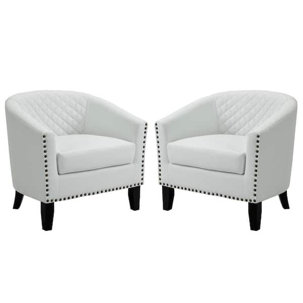 Uixe Mid-Century White Solid Wood Legs PU leather Upholstered Accent Barrel Chair with Nail Head Trim (Set of 2)