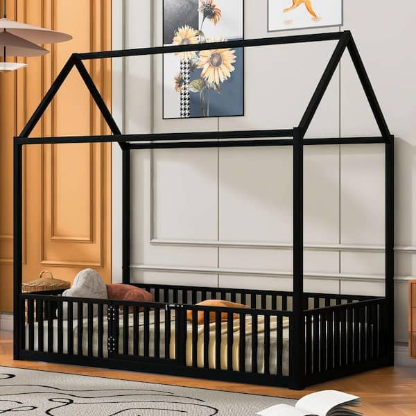 Gray Metal Frame Twin Platform Bed with Fence and Door
