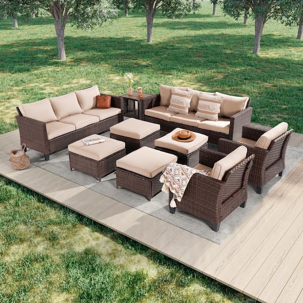 JOYESERY 9-Piece Brown Wicker Outdoor Seating Sofa Set with Coffee Table, Sand Cushions