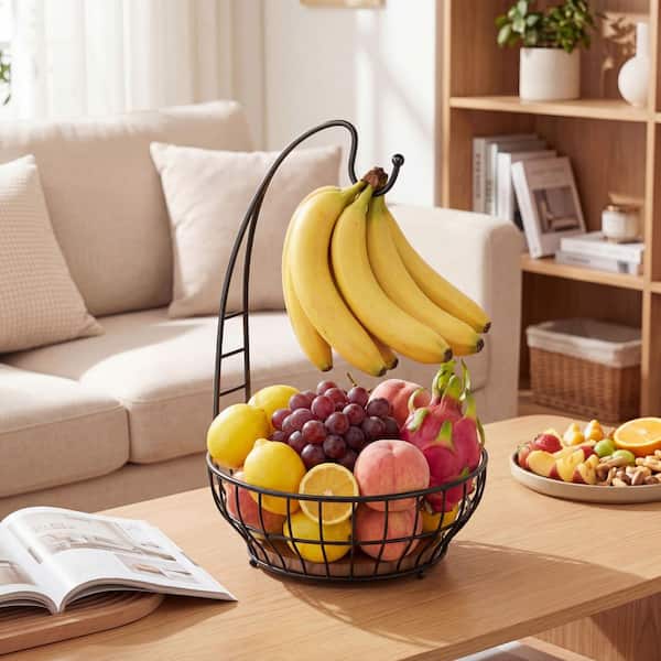 1 Piece Black Large Capacity Fruit Basket for Kitchen Counter with Banana Hanger and Wooden Base, Large Storage Holder