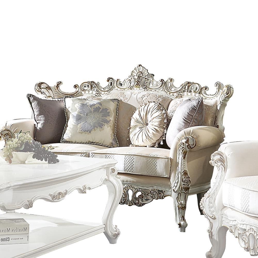 Antique Pearl Floral Tufted Fabric Loveseat with Rolled Arms